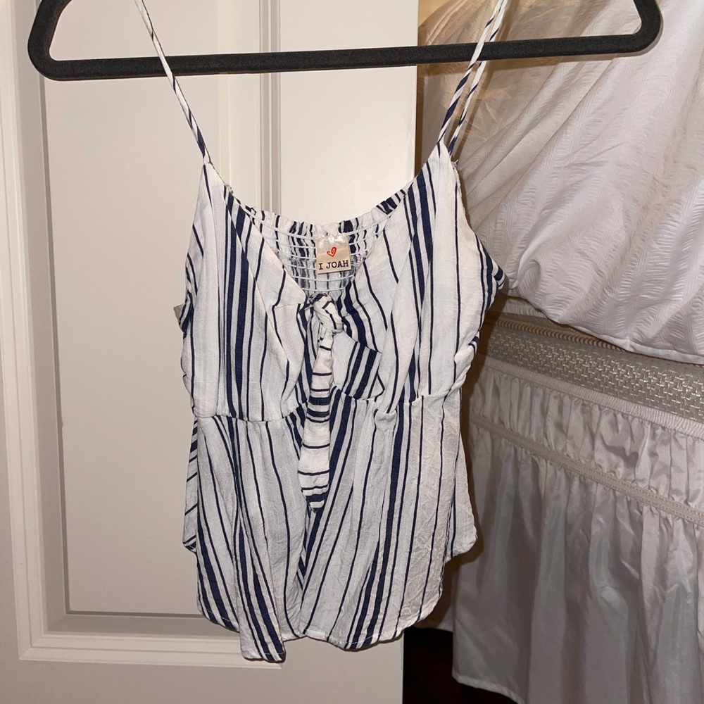 White and navy tie front cami top